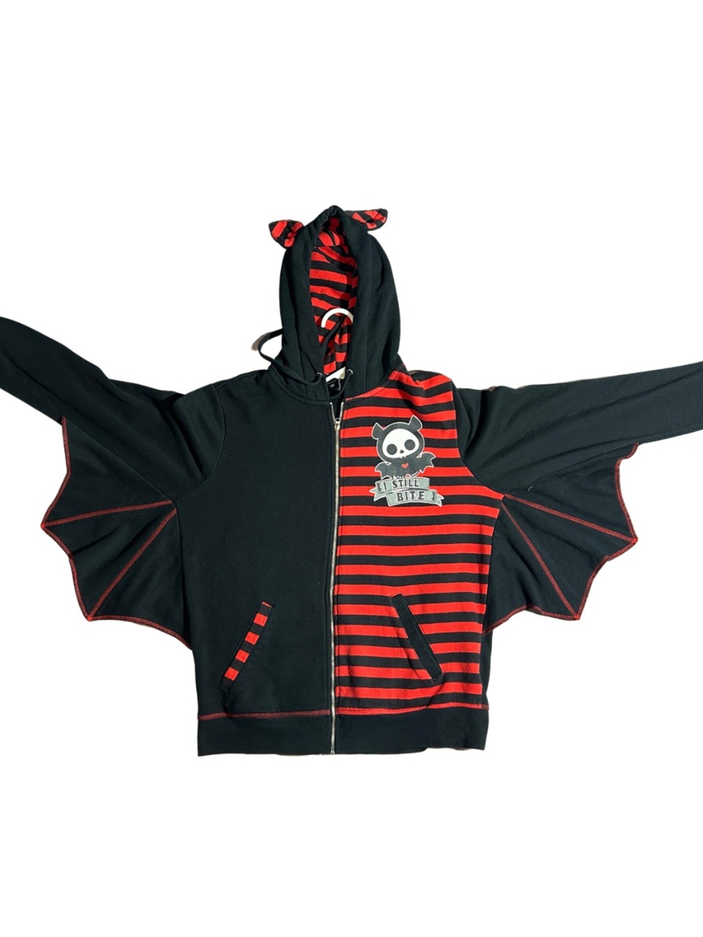 Skelanimals Diego Bat Wing Hoodie Small Red Black Stripe I Still Bite Zip